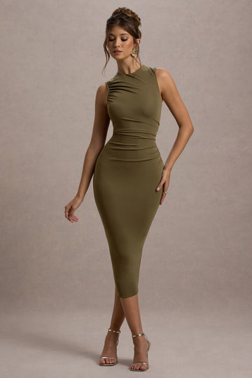 Jemma Khaki Bodycon Ruched Midi Dress